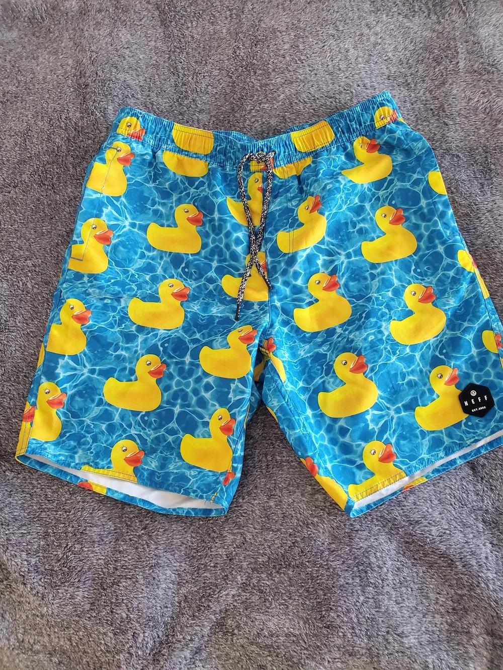 Mens Rubber Duck Print Swim Shorts - Blue & Yellow